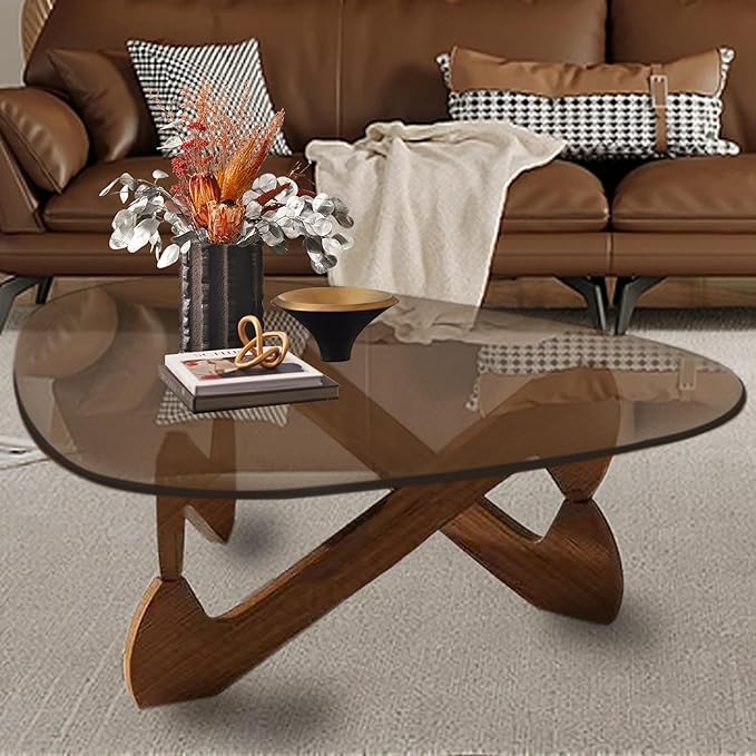 Triangle Coffee Table Glass Coffee Table for Living Room Clear Glass Coffee Table with Solid Wood Base Mid Century Modern Coffee Table for Small Spaces (Walnut-Brown, 44.9in) - LeafyLoom
