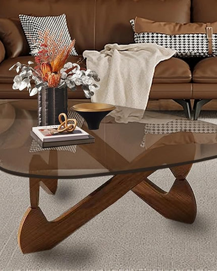 Triangle Coffee Table Glass Coffee Table for Living Room Clear Glass Coffee Table with Solid Wood Base Mid Century Modern Coffee Table for Small Spaces (Walnut-Brown, 32.3in) - LeafyLoom