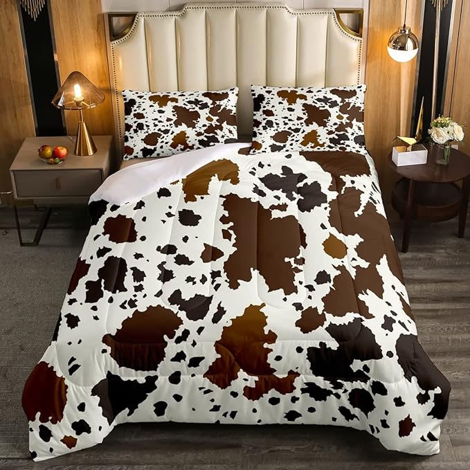 Cow Print Comforter Set Queen Size Cowhide Bedding Set for Boys Girls Man Women Bedroom Decor Brown Bull Cattle Skin Down Comforter Wildlife Fur Hair Farmhouse Animal Skin Duvet Set - LeafyLoom