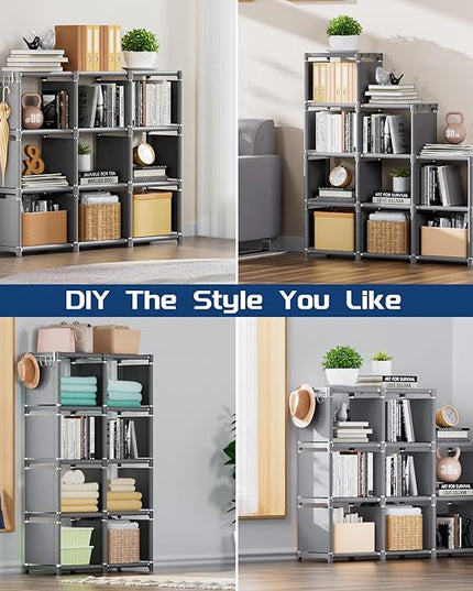 Mavivegue Book Shelf, 9 Cube Storage Organizer, DIY Bookcase, Metal Cube Bookshelf, Tall Book case for Bedroom, Living Room, Office, Closet Storage Organizer, Grey Cubicle Storage Rack - LeafyLoom