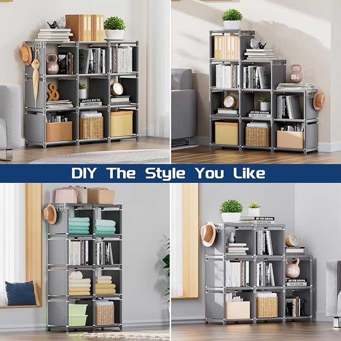 Mavivegue Book Shelf, 9 Cube Storage Organizer, DIY Bookcase, Metal Cube Bookshelf, Tall Book case for Bedroom, Living Room, Office, Closet Storage Organizer, Grey Cubicle Storage Rack - LeafyLoom