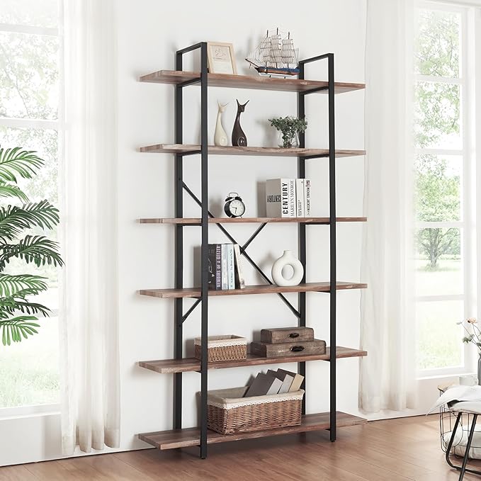 HOMISSUE Bookshelf,6-Tier Tall Bookshelf Industrial Bookcase and Bookshelves,Rustic Storage Rack with Open Shelves for Living Room Bedroom and Kitchen - LeafyLoom