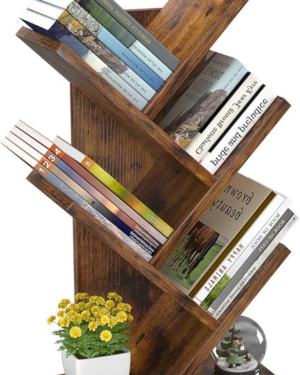 Topfurny Tree Bookshelf, 4-Tier Book Storage Organizer Shelves Floor Standing Bookcase, Wood Storage Rack for Office Home School Shelf Display for Cd/Magazine/Book - Rustic Brown - LeafyLoom