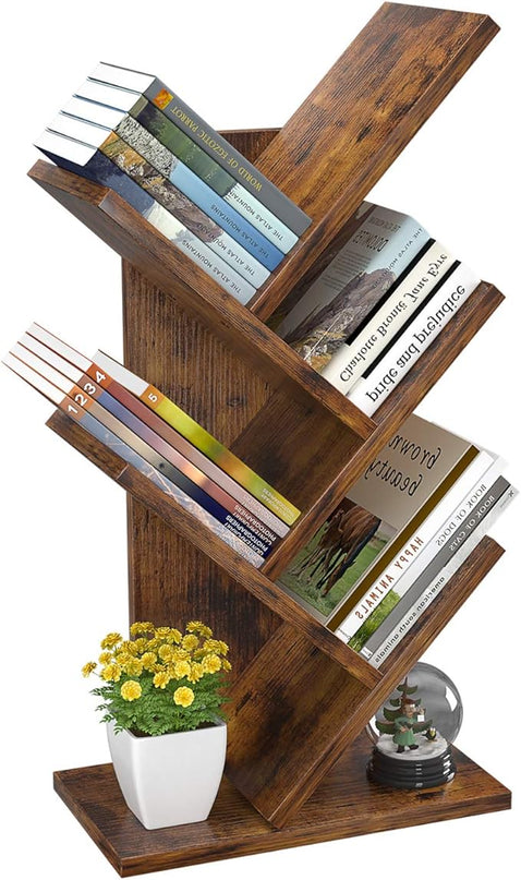 Topfurny Tree Bookshelf, 4-Tier Book Storage Organizer Shelves Floor Standing Bookcase, Wood Storage Rack for Office Home School Shelf Display for Cd/Magazine/Book - Rustic Brown - LeafyLoom