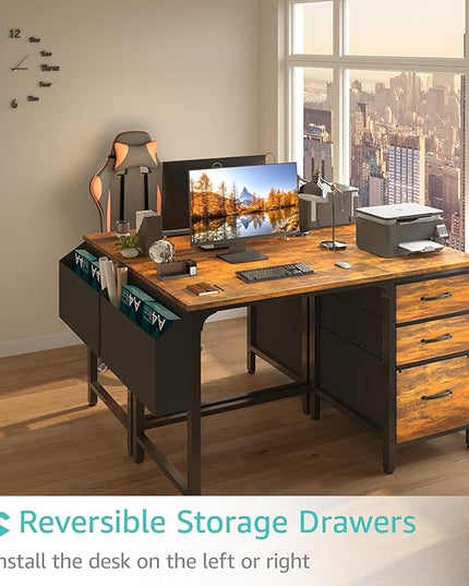 Lufeiya Computer Desk with Fabric File Drawers Cabinet, 47 Inch Home Office Desks with Filing Cabinet for Small Space, Study Writing Table PC Desks, Rustic Brown - LeafyLoom