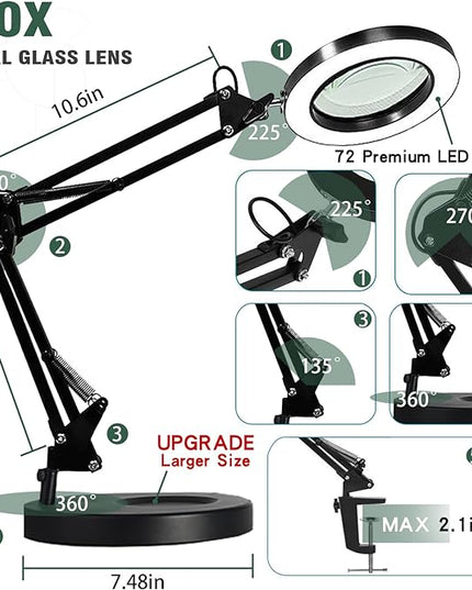 Magnifying Glass with Light and Stand, 10X Magnifying Lamp, 2-in-1 Magnifying Desk Lamp with Clamp, 3 Color Mode, Magnifying Glasses with Light for Close Work (1st Generation Base ＆ Clamp) - LeafyLoom