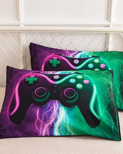 Meeting Story Gamer Comforter Sets for Boys Queen Size Tie Dye Lightnings Gamepad Bedding Set Games Console Action Buttons Novelty Colorful Modern Room Decor Home Quilt Set (Queen, Green-Purple) - LeafyLoom