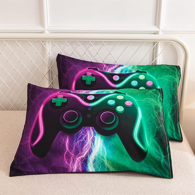 Meeting Story Gamer Comforter Sets for Boys Queen Size Tie Dye Lightnings Gamepad Bedding Set Games Console Action Buttons Novelty Colorful Modern Room Decor Home Quilt Set (Queen, Green-Purple) - LeafyLoom