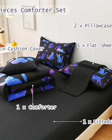 DORCAS Cute Cat Twin Comforter Set for Girls Starry Sky Bedding Sets Twin Girls 6 Pieces Animal Twin Bed-in-A-Bag with Comforter,Sheets,Pillowcases for Kids - LeafyLoom