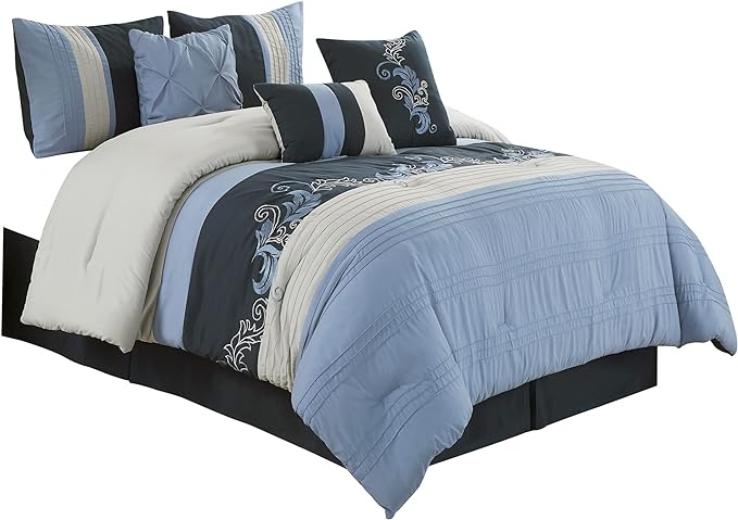 Chezmoi Collection Napa 7-Piece Luxury Autumn Leaves Scroll Embroidery Bedding Comforter Set (King, Navy/Blue/Gray) - LeafyLoom