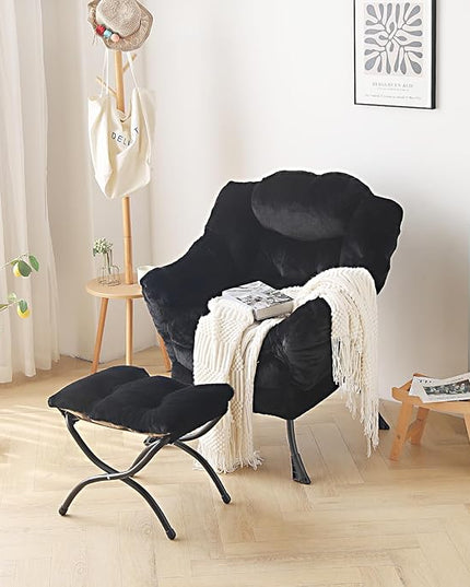 Welnow Lazy Chair with Ottoman, Modern Lounge Accent Chair with Armrests and a Side Pocket, Leisure Sofa Chair Set, Reading Chair with Footrest for Small Space, Corner Chair, Plush Black - LeafyLoom