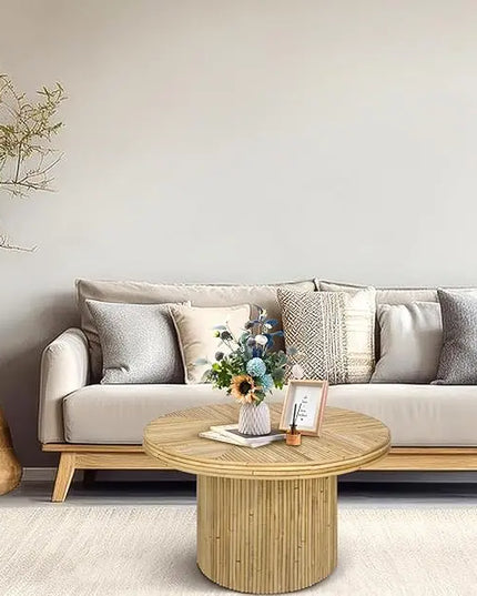Round Coffee Table, Small Rattan Coffee Table, Mid Century Modern Coffee Table, Boho Circle Coffee Table, Tea Table, Unique Fluted Coffee Table, Rustic Center Table for Living Room - LeafyLoom