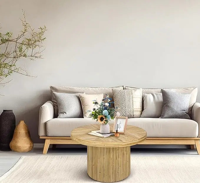 Round Coffee Table, Small Rattan Coffee Table, Mid Century Modern Coffee Table, Boho Circle Coffee Table, Tea Table, Unique Fluted Coffee Table, Rustic Center Table for Living Room - LeafyLoom