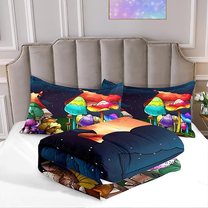 Mushroom Twin Comforter Sets for Girls Mushroom Print Kids Twin Bedding Set Mushroom Twin Girls Bedding Set Twin Comforter Set for Girl, Colorful, 1 Comforter+1 Pillowcase - LeafyLoom