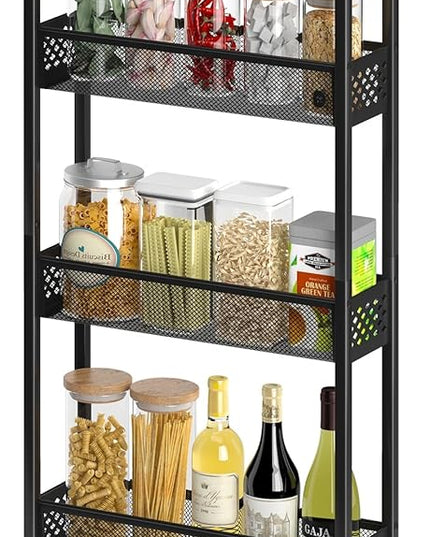 Slim Storage Cart 4 Tier Narrow Kitchen Rolling Cart on Wheels for Small Space, Mobile Utility Cart Shelving Unit with Wooden Top and Metal Handle for Kitchen, Bathroom, Laundry Room - LeafyLoom