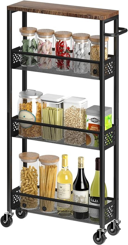 Slim Storage Cart 4 Tier Narrow Kitchen Rolling Cart on Wheels for Small Space, Mobile Utility Cart Shelving Unit with Wooden Top and Metal Handle for Kitchen, Bathroom, Laundry Room - LeafyLoom