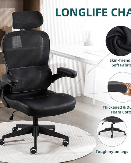 Home Office Chair High Back Computer Desk Chair Ergonomic Task Chair Executive Chair with Lumbar Support Recliner Chair with Adjustable Headrest,Flip-up Armrests (Black with Nylon Base) - LeafyLoom
