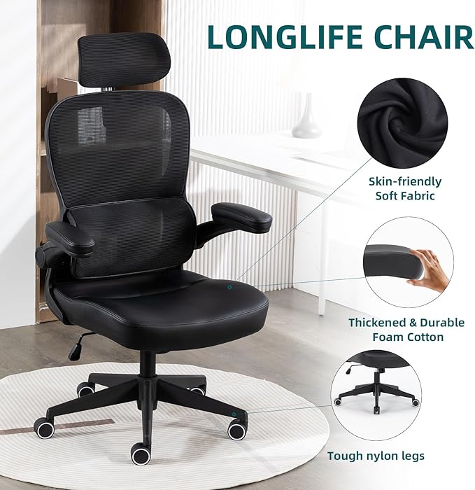 Home Office Chair High Back Computer Desk Chair Ergonomic Task Chair Executive Chair with Lumbar Support Recliner Chair with Adjustable Headrest,Flip-up Armrests (Black with Nylon Base) - LeafyLoom