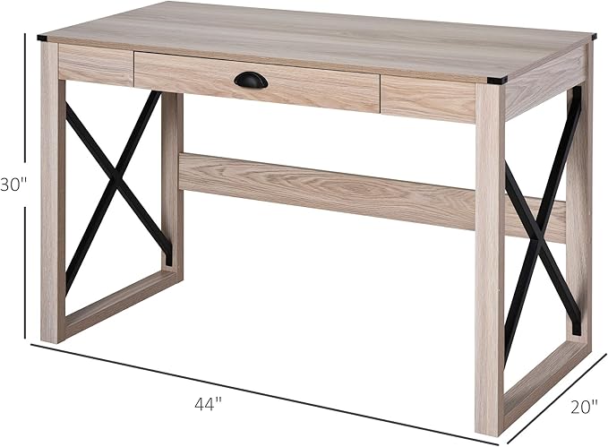 HOMCOM 44 inch Home Office Computer Desk, Rustic Writing Desk, Farmhouse Workstation with Storage Drawer, X-Frame - LeafyLoom