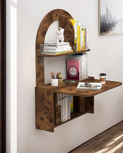 Wall Mounted Drop-Leaf Table, Floating Laptop Desk, Folding Table with Shelves, Multifunctional Computer Workstation Storage Compartments in Home Office for Space Saving (Rustic Brown) - LeafyLoom