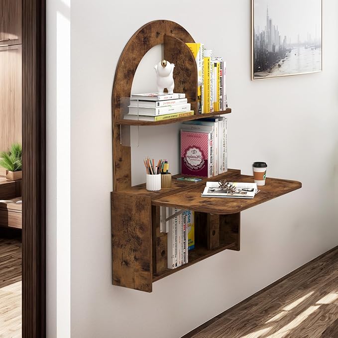 Wall Mounted Drop-Leaf Table, Floating Laptop Desk, Folding Table with Shelves, Multifunctional Computer Workstation Storage Compartments in Home Office for Space Saving (Rustic Brown) - LeafyLoom