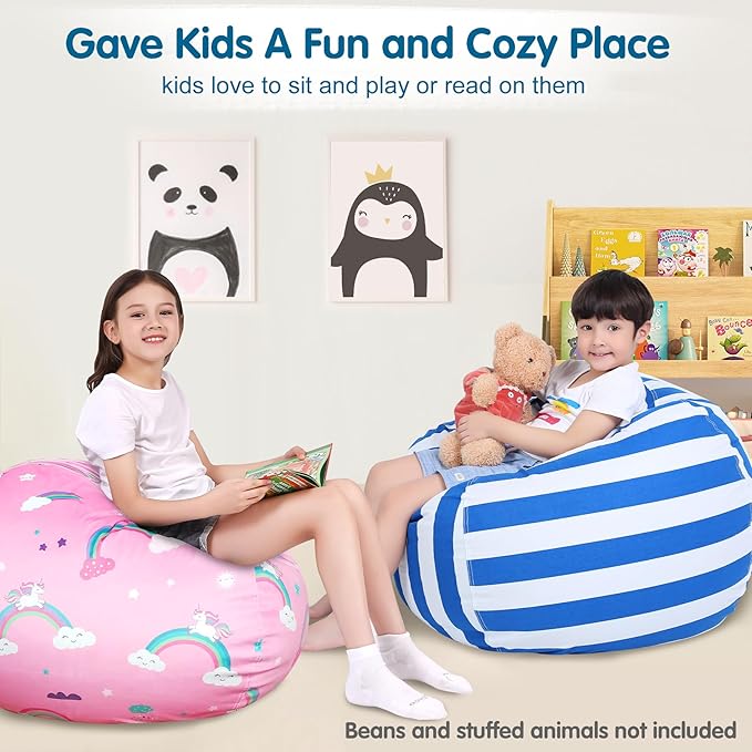 Lukeight Stuffed Animal Storage Bean Bag Chair Cover for Kids, Zipper Beanbag Chair Cover for Organizing Toddler & Kids' Rooms Plush Toys (Blue+White Velvet, X-Large) - LeafyLoom