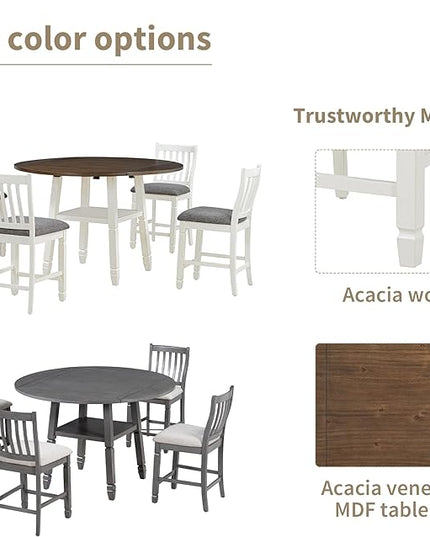 NicBex Dining Room Table Set for 4 Breakfast Nook Table Set 5-Piece Counter Height Dining Table Set in 2 Table Sizes with 4 Folding Leaves and 4 Upholstered Chairs for Dining Room, Espresso+White - LeafyLoom
