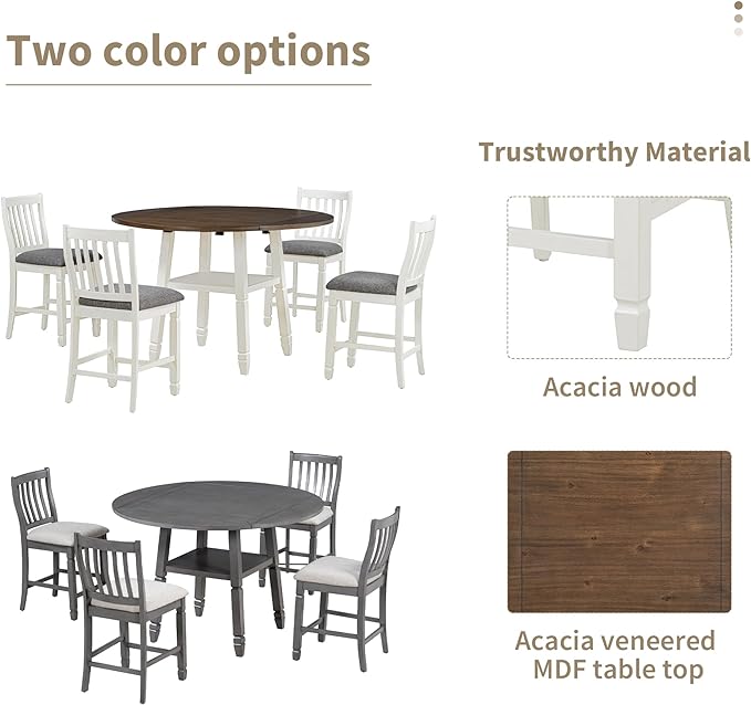 NicBex Dining Room Table Set for 4 Breakfast Nook Table Set 5-Piece Counter Height Dining Table Set in 2 Table Sizes with 4 Folding Leaves and 4 Upholstered Chairs for Dining Room, Espresso+White - LeafyLoom