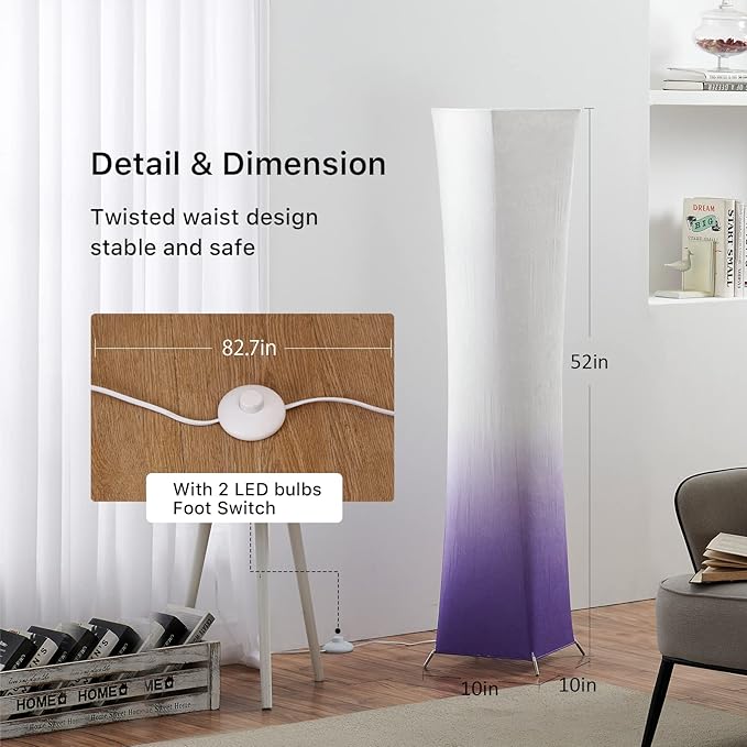chiphy Floor Lamp, 52" Tall Standing Lamp, 3 Levels Adjustable Brightness LED Bulbs, Column Floor Light, Purple Gradient Fabric Lampshade, Home Decor for Living Room, Bedroom, Kids Room - LeafyLoom