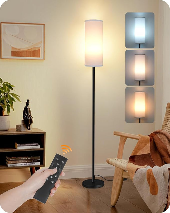 Dimmable Floor Lamp for Living Room, Corner Floor Lamp with Remote, 66'' Standing Tall Lamp, Linen Lampshade, 10W 800LM LED Bulb for Bedroom Study, FCC Listed Black and Pure White CW06LD05 - LeafyLoom