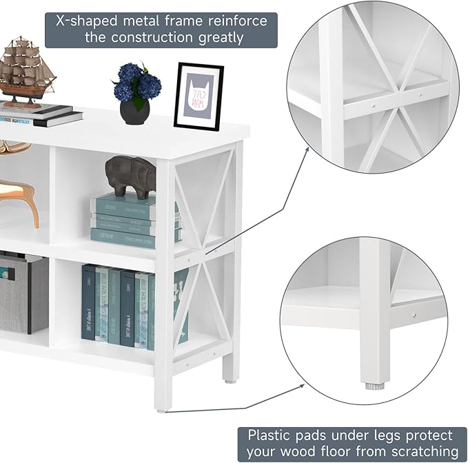 6 Cube Storage Organizer with Shelf, 3 Tier Metal and Wood Open Book Shelf, Long Wide Office Cubby Bookcase with Storage, Industrial Horizontal Bookshelf (White, 47 Inch) - LeafyLoom