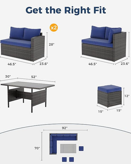 Solaste 7 Piece Outdoor Patio Furniture Set, Outdoor Sectional PE Rattan Patio Conversation Sofa with All Weather Dining Table Chair Set, Blue - LeafyLoom