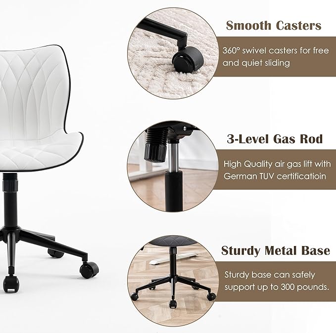 YOUNUOKE Office Desk Chair, Comfy Home Office Chairs, Small Comfortable Desk Chairs with Wheels, Armless PU Leather Chairs for Computer Conference, White - LeafyLoom