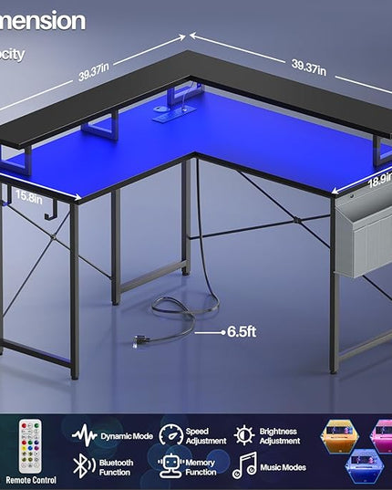 armocity L Shaped Computer Desk with Power Outlets, Small Gaming Desk L Shaped with LED Lights, 40 Inch Corner Desk with Storage Shelves, Work Study Desk for Bedroom, Home Office Small Spaces, Black - LeafyLoom