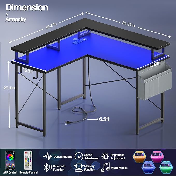 armocity L Shaped Computer Desk with Power Outlets, Small Gaming Desk L Shaped with LED Lights, 40 Inch Corner Desk with Storage Shelves, Work Study Desk for Bedroom, Home Office Small Spaces, Black - LeafyLoom