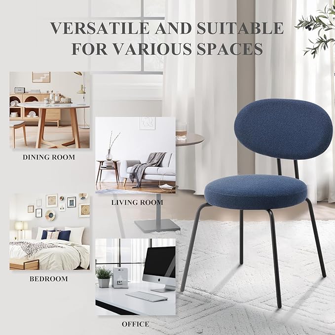 COLAMY Modern Fabric Dining Chairs Set of 6, Mid Centry Upholstered Dining Room Kitchen Chairs with Curved Backrest, Round Seat, Black Metal Legs, Blue - LeafyLoom