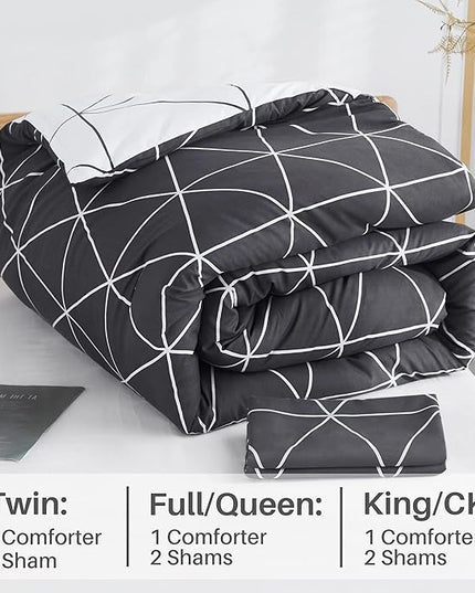 Black & White Comforter Bed in a Bag King for Kids Adults, 3Pcs Reversible Geometric Bedding Set with 2 Pillow Shams for All Seasons (King,104x90inches) - LeafyLoom