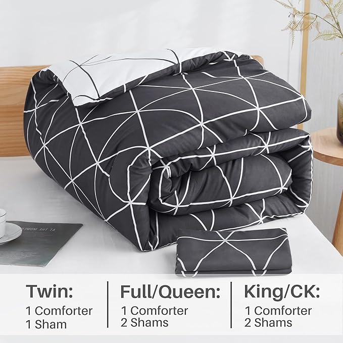 Black & White Comforter Bed in a Bag King for Kids Adults, 3Pcs Reversible Geometric Bedding Set with 2 Pillow Shams for All Seasons (King,104x90inches) - LeafyLoom