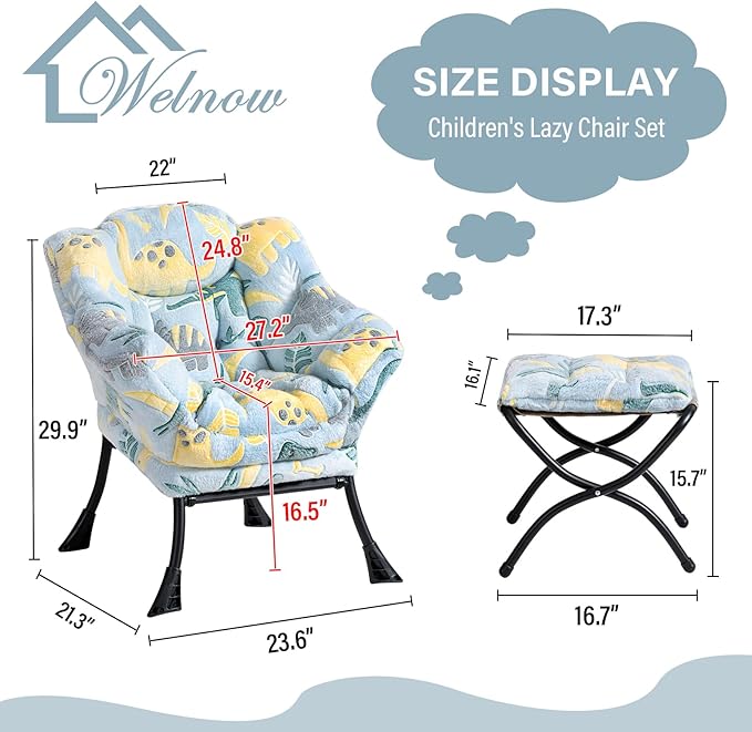 Welnow Toddler Kids Lazy Chair with Ottoman, Glow in The Dark Accent Comfy Lounge Children Armchair Couch with Removable Cover, Detachable Reading Chair with Footrest for Boy or Girl - LeafyLoom