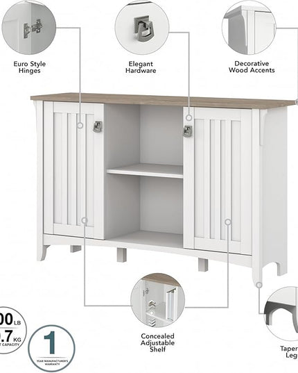 Bush Furniture Salinas Accent Storage Cabinet with Doors in Pure White and Shiplap Gray - LeafyLoom