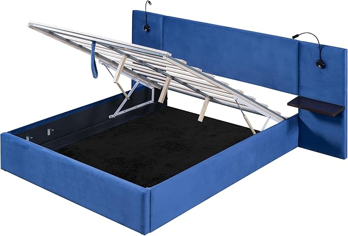 Queen Size Storage Upholstered Hydraulic Platform Shelves, Modern Velvet Fabric Bed Frame W/ 2 Lights and USB Port,No Box Spring Required,for Bedroom, Apartment,Blue - LeafyLoom