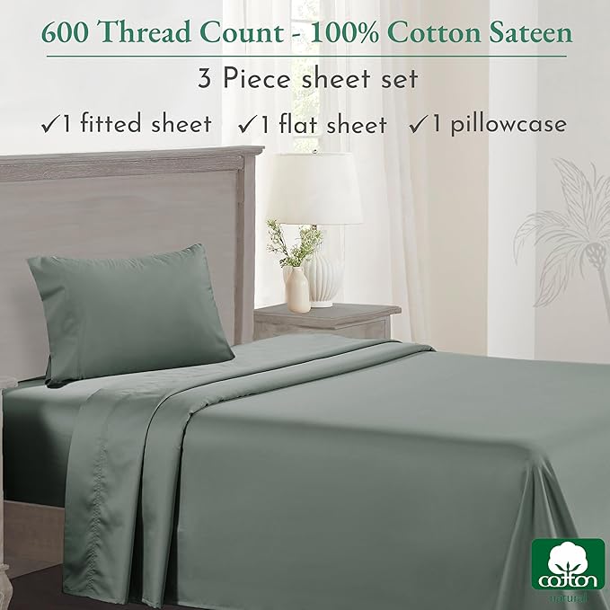 California Design Den Luxury Twin Sheet Set - 100% Cotton, 600 Thread Count Deep Pocket Twin Sheets, Soft Hotel-Quality Bedding with Sateen Weave - Sage Green - LeafyLoom