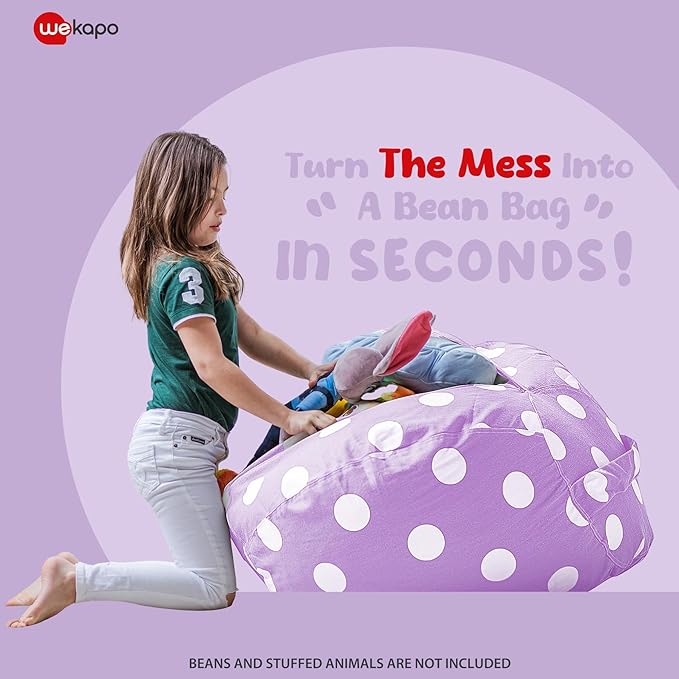 Wekapo Stuffed Animal Storage Bean Bag Chair Cover for Kids | Stuffable Zipper Beanbag for Organizing Children Plush Toys Large Premium Cotton Canvas (Purple Dot, XX-Large) - LeafyLoom