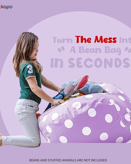 Wekapo Stuffed Animal Storage Bean Bag Chair Cover for Kids | Stuffable Zipper Beanbag for Organizing Children Plush Toys Large Premium Cotton Canvas (Purple Dot, X-Large) - LeafyLoom