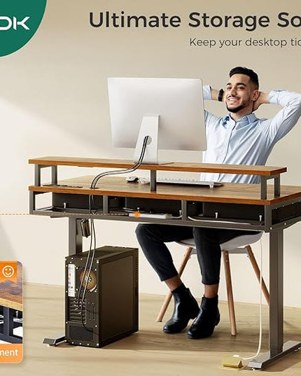 AODK 47 Inch Electric Standing Desk with 3 Drawers, Brown, Height Adjustable Desk with Power Outlets & LED Lights, Stand Up Desk with Monitor Shelf, Sit Stand Desk Computer Workstation - LeafyLoom