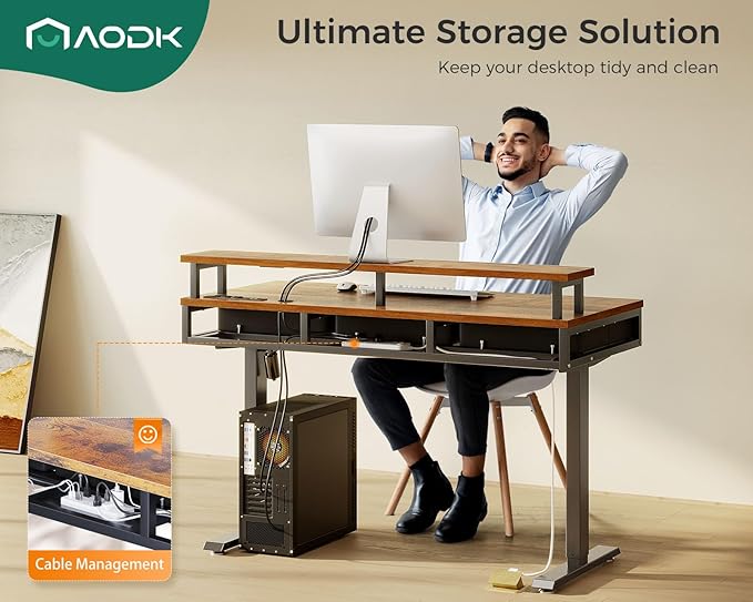 AODK 47 Inch Electric Standing Desk with 3 Drawers, Brown, Height Adjustable Desk with Power Outlets & LED Lights, Stand Up Desk with Monitor Shelf, Sit Stand Desk Computer Workstation - LeafyLoom