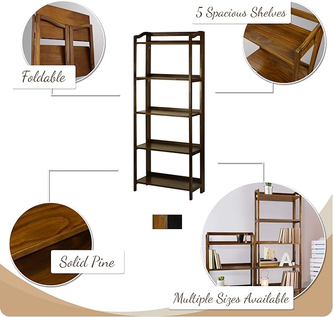 Casual Home Stratford 5-Shelf Folding Bookcase-Warm Brown - LeafyLoom