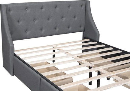 Queen Size Bed Frame with 4 Storage Drawers & Tufted Headboard Linen Upholstered Platform Bed Frame Wingback Beds with Sturdy Wooden Slats Support, Easy Assembly, Noise-Free - LeafyLoom