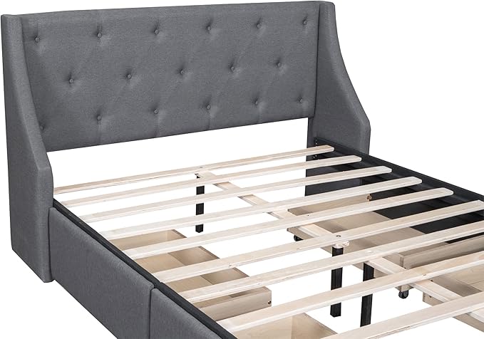 Queen Size Bed Frame with 4 Storage Drawers & Tufted Headboard Linen Upholstered Platform Bed Frame Wingback Beds with Sturdy Wooden Slats Support, Easy Assembly, Noise-Free - LeafyLoom