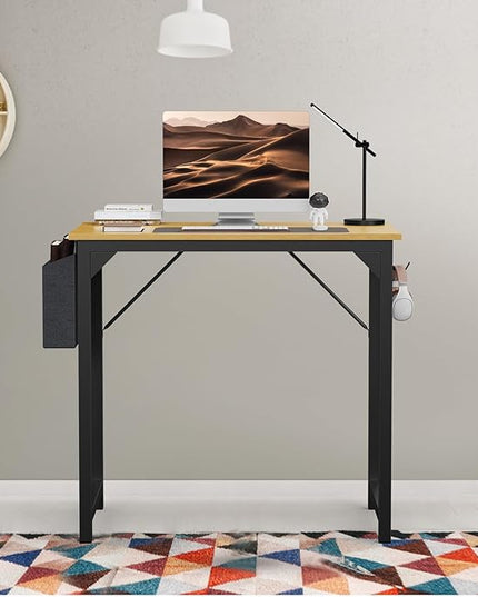 SMUG Computer Desk 32 Inch Home Office Writing Wood Storage Bag & Headphone Hook Small Spaces Simple Bedroom Work Study Kids Table, Natural - LeafyLoom